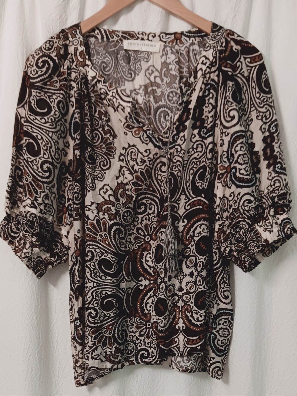 Stitch And Feather Paisley Tie-Front Boho Blouse in Black, Cream & Brown